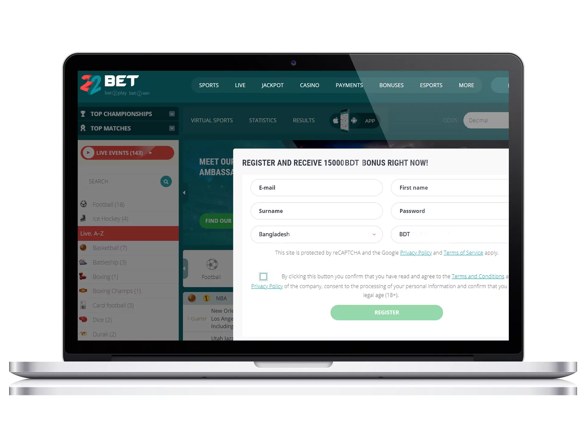 Registration on the 22bet website .